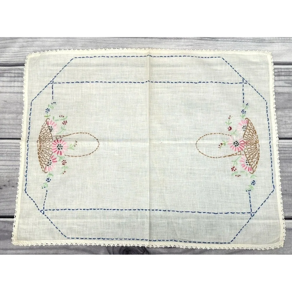 VINTAGE EMBROIDERED TABLE / DRESSER SCARF  - FLOWER BASKET  ‎    *27